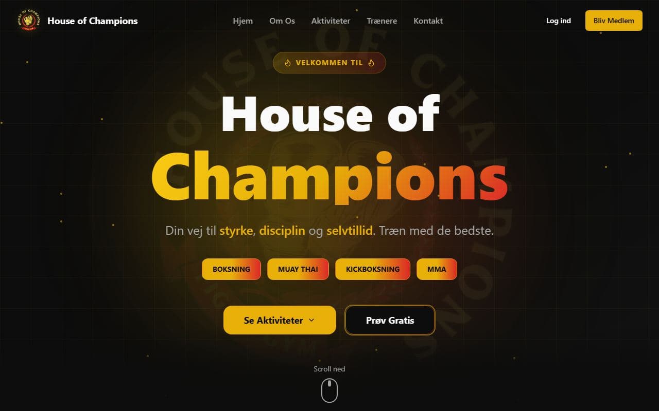 Forsiden på houseofchampions.dk, bokseklub i Aarhus